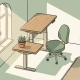 Illustratie van een ergonomische thuiswerkhoek met zit-sta bureau, stoel en kamerplant in warm natuurlijk licht.
