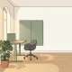 Ergonomische zit-sta bureau met taskstoel, potplant en akoestisch wandpaneel in een lichte, Scandinavisch geïnspireerde kantoorhoek.