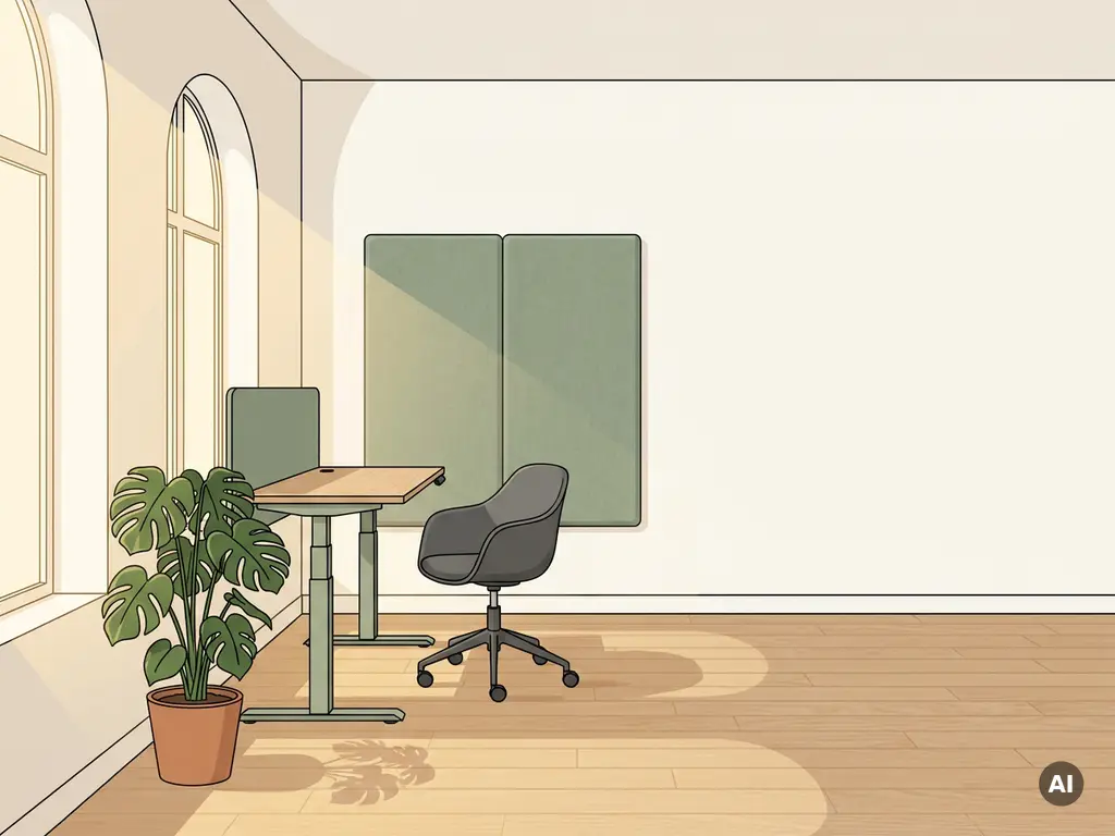 Ergonomische zit-sta bureau met taskstoel, potplant en akoestisch wandpaneel in een lichte, Scandinavisch geïnspireerde kantoorhoek.