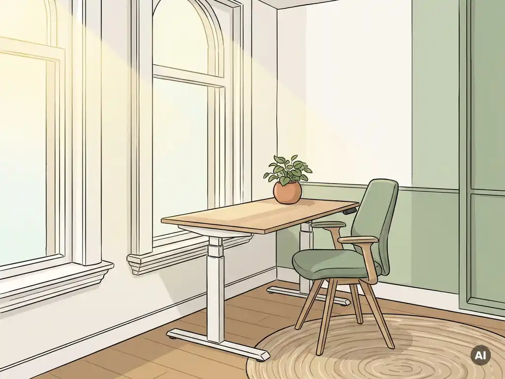 Ergonomische zit-sta bureau met verstelbare hoogte, groene plant en houten accenten in licht Nederlandskantoor.