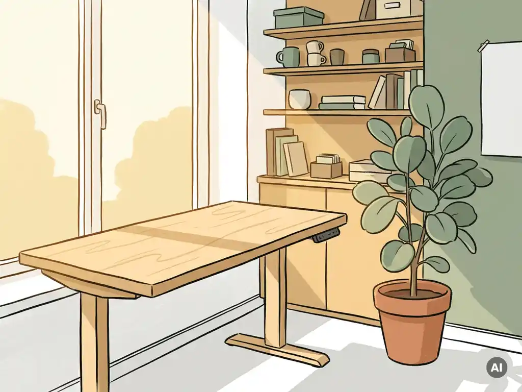 Zonnige Nederlandse thuiskantoorhoek met een ergonomisch zit-sta bureau bij een groot raam en een gezonde kamerplant.