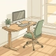Ergonomische zit-sta bureau met stoel en kamerplant in een licht Nederlands kantoor met houten vloer.