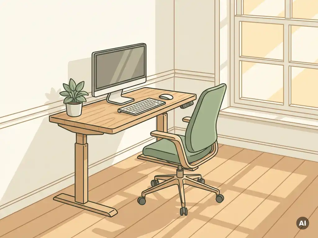 Ergonomische zit-sta bureau met stoel en kamerplant in een licht Nederlands kantoor met houten vloer.