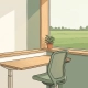 Ergonomische zit-sta bureau bij een raam met uitzicht op een groen polderlandschap in een rustige Nederlandse thuiswerkhoek.
