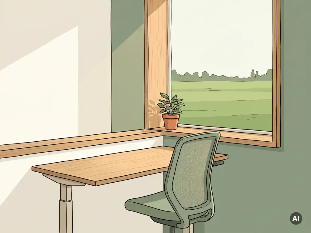 Ergonomische zit-sta bureau bij een raam met uitzicht op een groen polderlandschap in een rustige Nederlandse thuiswerkhoek.