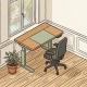 Minimalistische zit-sta bureau hoek met ergonomische stoel en kamerplant op lichte eiken vloer, zachte natuurlijke belichting.