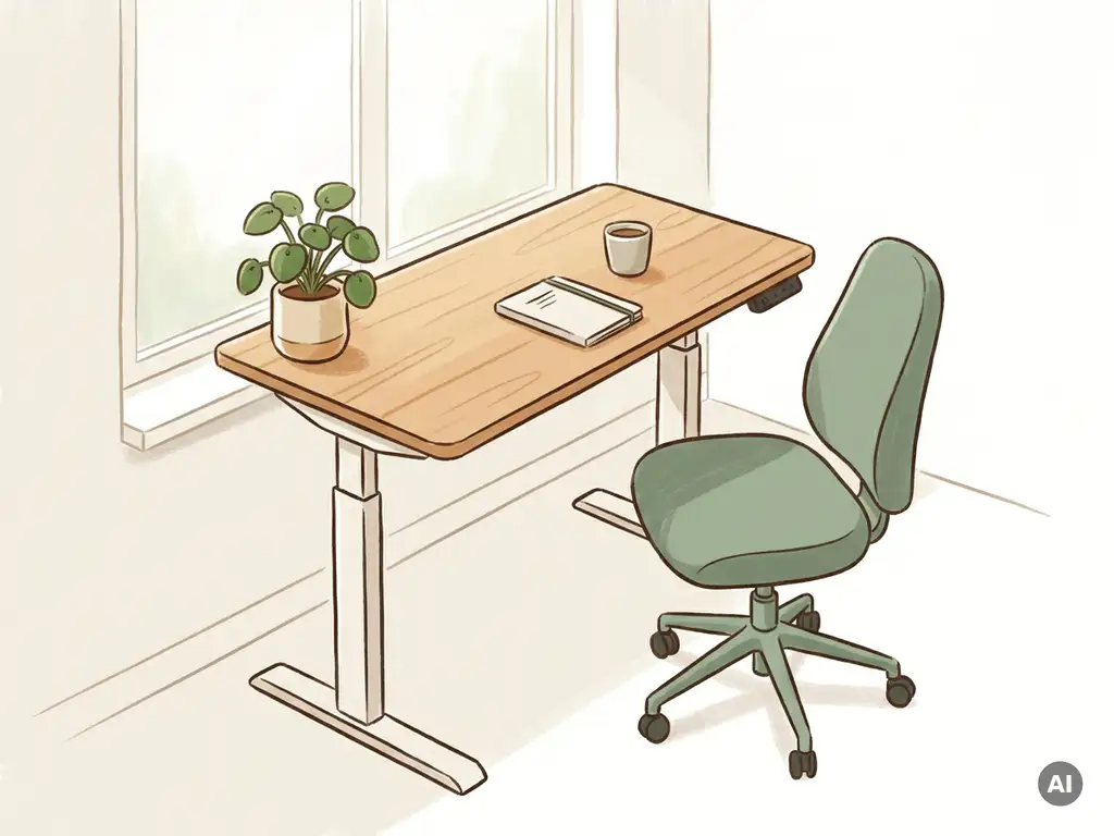 Ergonomische zit-sta bureau in een opgeruimde Nederlandse thuiswerkhoek met salie groene tinten, houten accenten en natuurlijk licht.