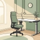 Ergonomische bureaustoel met hoge rugleuning naast een zit-sta bureau in een minimalistisch Nederlands kantoor met natuurlijk licht.