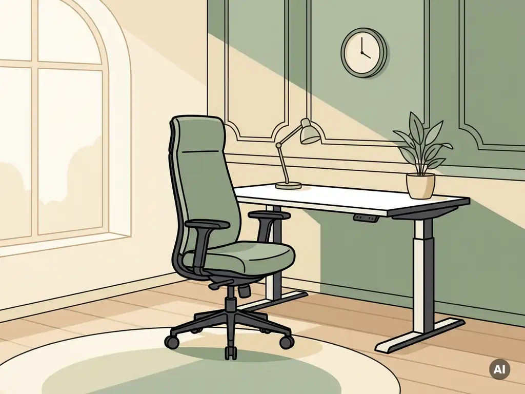 Ergonomische bureaustoel met hoge rugleuning naast een zit-sta bureau in een minimalistisch Nederlands kantoor met natuurlijk licht.