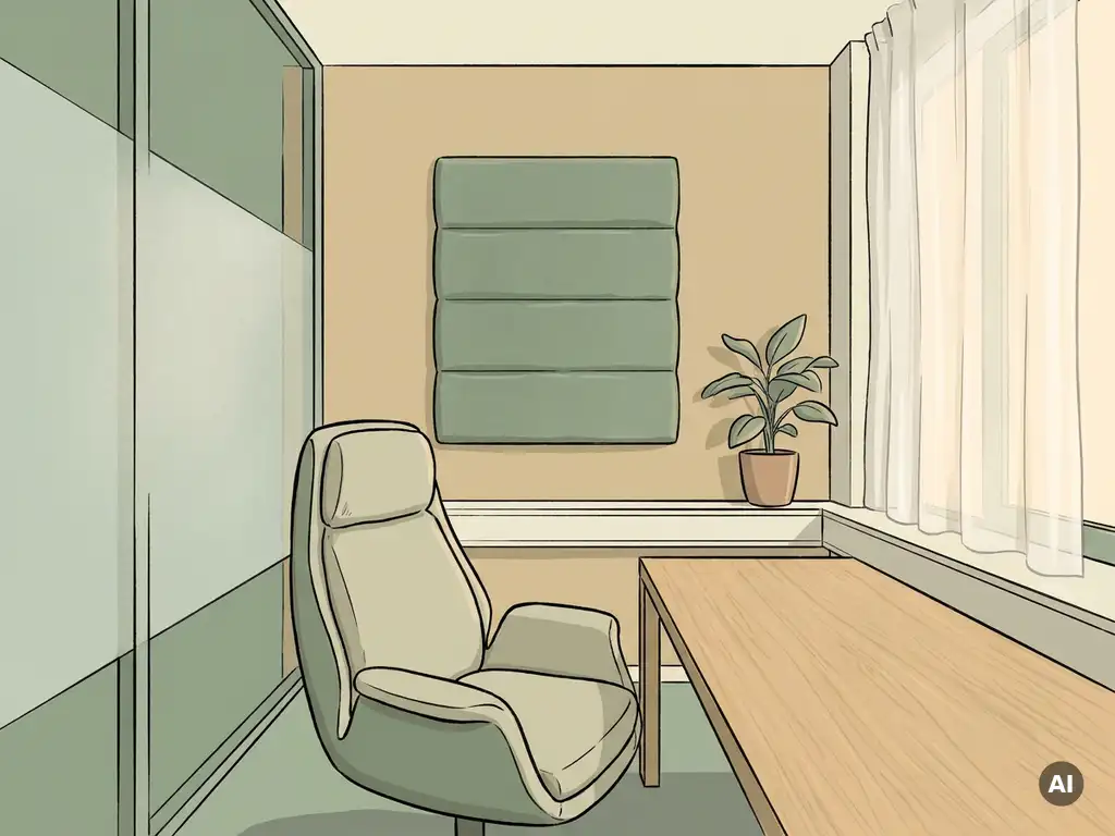 Ergonomische stoel bij een minimalistische eikenhouten bureau in een stille kantoorhoek met salie groene tinten en gefilterd middaglicht.