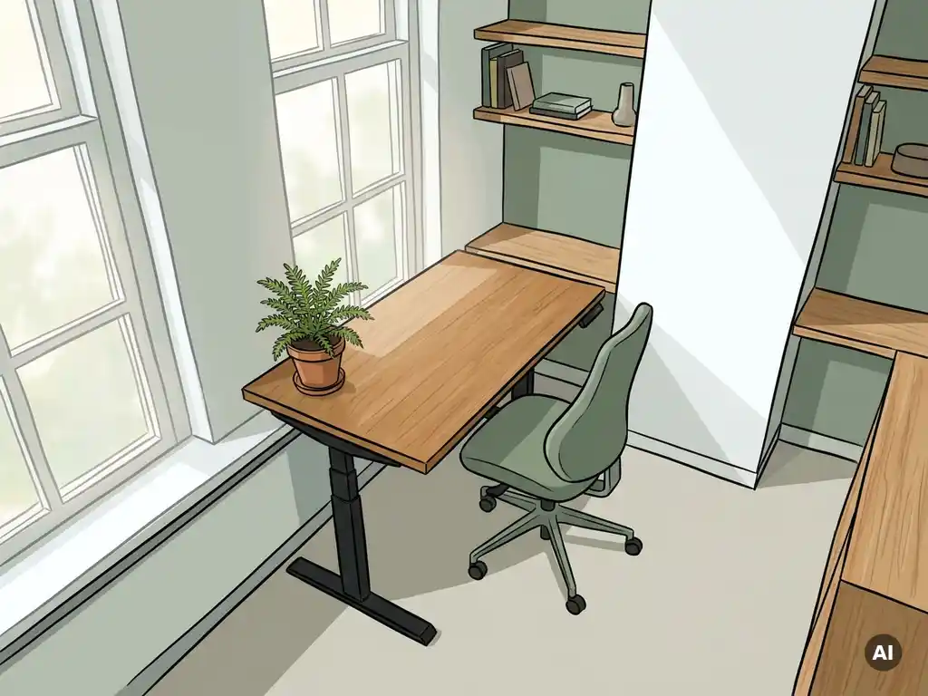 Ergonomische thuiswerkhoek met zit-sta bureau, ergonomische stoel en kamerplant op warm eiken oppervlak, naturel lichtinval.