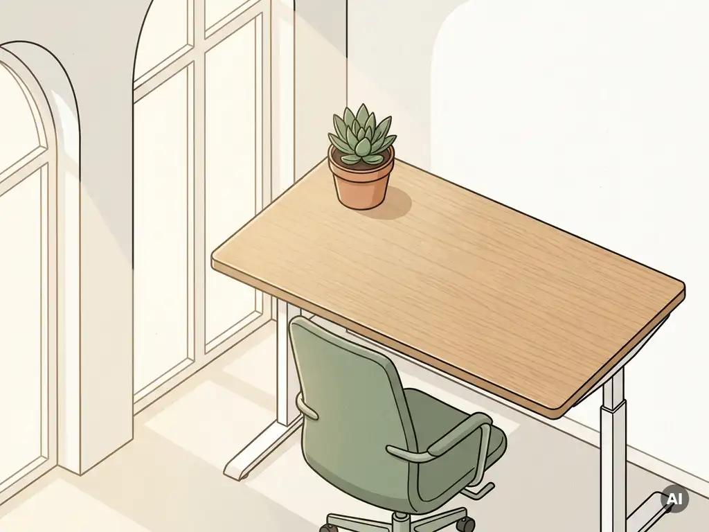 Lichte Nederlandse thuiswerkhoek met zit-sta bureau, ergonomische stoel en kamerplant in eiken en saliegroen interieur.