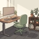Ergonomische thuiswerkhoek met zit-sta bureau, bureaustoel en plantenrek in warme neutrale tinten.