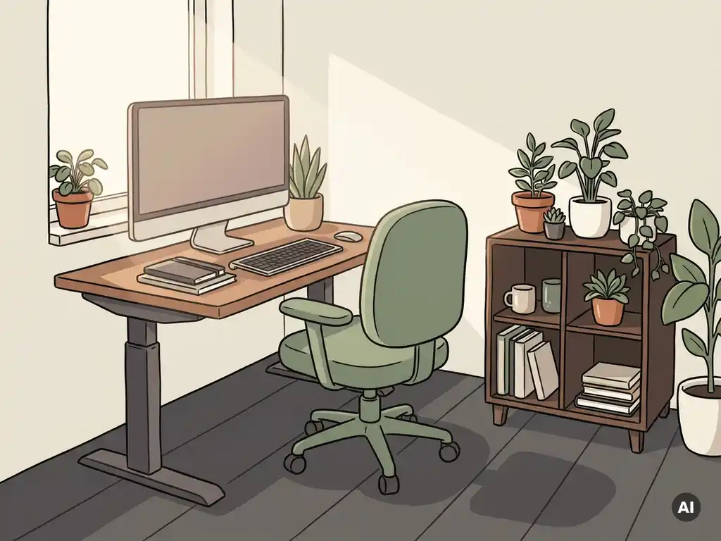 Ergonomische thuiswerkhoek met zit-sta bureau, bureaustoel en plantenrek in warme neutrale tinten.