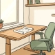 Lege zit-sta bureau met ergonomische stoel, plattegrondschets en potplant in een licht Hollands kantoor.
