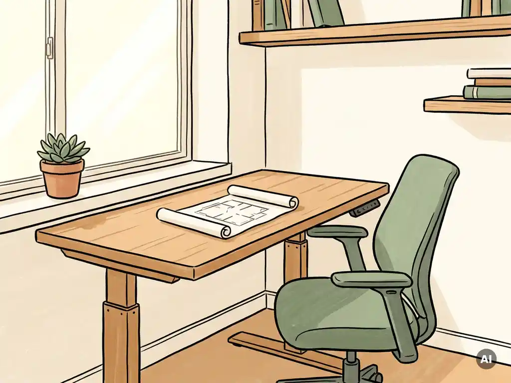 Lege zit-sta bureau met ergonomische stoel, plattegrondschets en potplant in een licht Hollands kantoor.