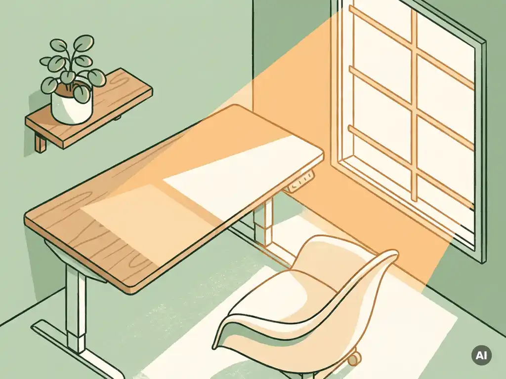 Lichte Nederlandse thuiswerkhoek met zit-sta bureau, ergonomische stoel en kamerplant op houten plank in salie groen interieur.