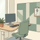 Ergonomische zit-sta bureau met taakstoel, akoestisch wandpaneel en kamerplant in een rustig Nederlands zorgkantoor.
