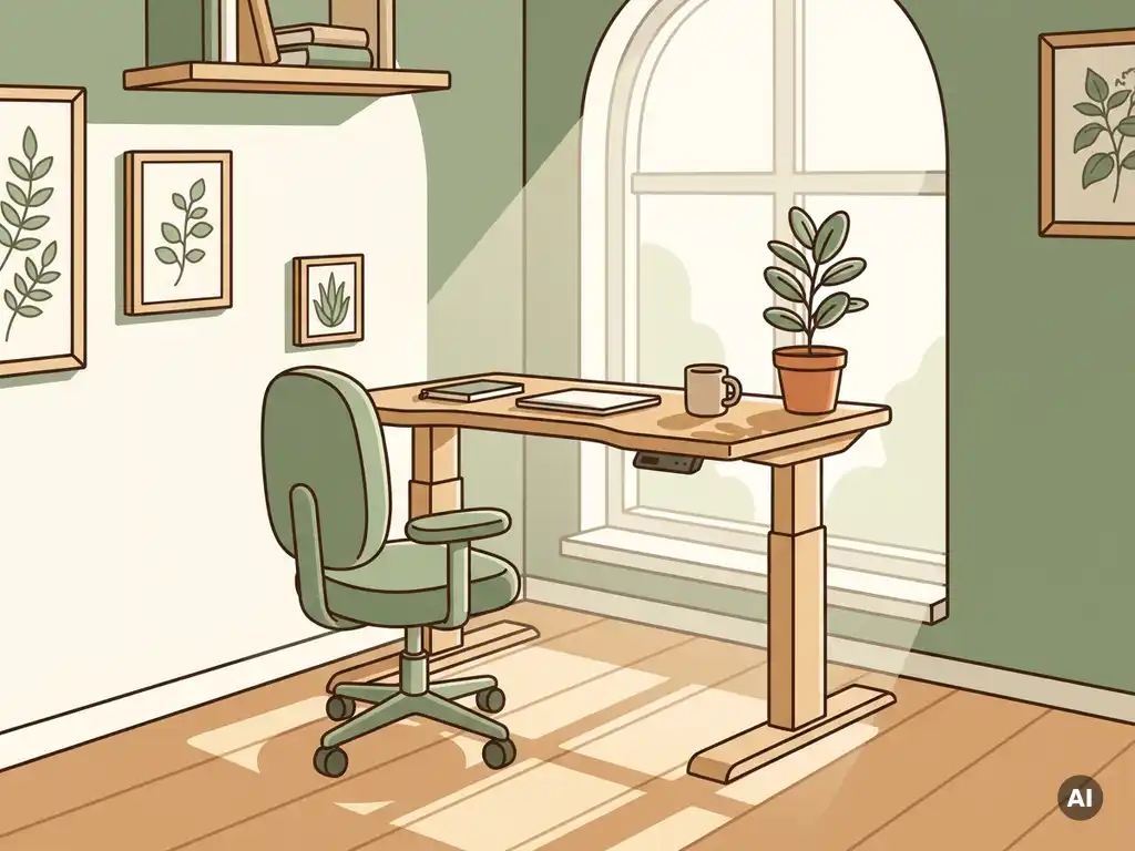 Ergonomisch zit-sta bureau met verstelbare stoel en kamerplant in zonnig Nederlands kantoor met houten accenten.