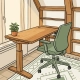 Illustratie van een ergonomische thuiswerkplek met zit-sta bureau, ergonomische stoel en kamerplant in warm eiken en saliegroen.
