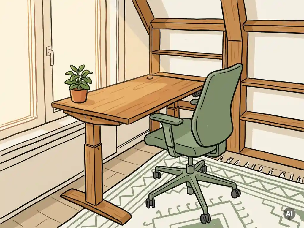 Illustratie van een ergonomische thuiswerkplek met zit-sta bureau, ergonomische stoel en kamerplant in warm eiken en saliegroen.