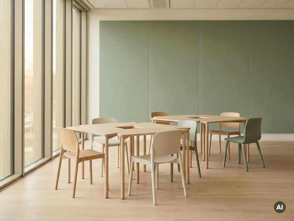 Modulaire lichte houten tafels in flexibele kantoorklas met stapelstoelen, salie groene akoestische wandpanelen en warm daglicht.