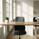 Lege flexwerkplek met zit-sta bureau, ergonomische stoel, laptop en plant in licht modern Nederlands kantoor.