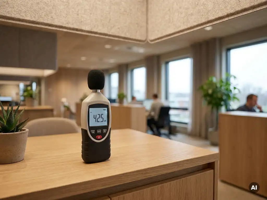 Geluidsmeter op een licht eiken bureau in een rustig open kantoor met akoestische plafondpanelen op de achtergrond.