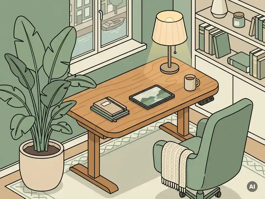 Gezellige thuiswerkhoek met een houten zit-sta bureau, weelderige kamerplant, textiellamp en ergonomische stoel met plaid in salie- en eikenhouttinten.