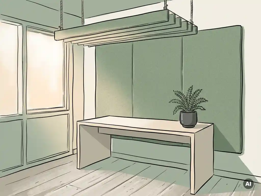 Minimalistische Nederlandse kantoorhoek met salie groene akoestische wandpanelen, strak bureau, kamerplant en plafondbaffle in warm natuurlijk licht.