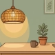 Hanglamp met warm goudgeel licht boven een minimalistische eiken bureau met potplant en saliegroen muurpaneel.