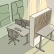 Leeg ergonomisch zit-sta bureau in open kantoorruimte met salie groene akoestische wandpanelen en natuurlijk licht.