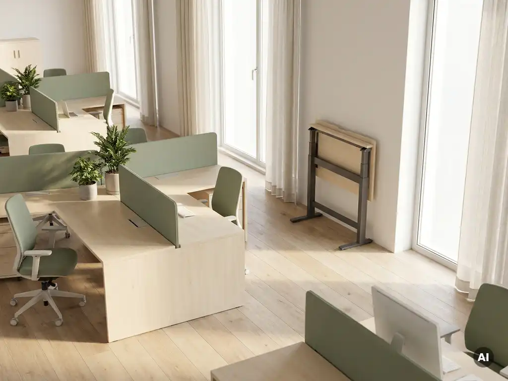 Moderne kantoorruimte met modulaire bureaus, opklapbaar zit-sta werkstation en natuurlijk licht op lichte eiken vloer.