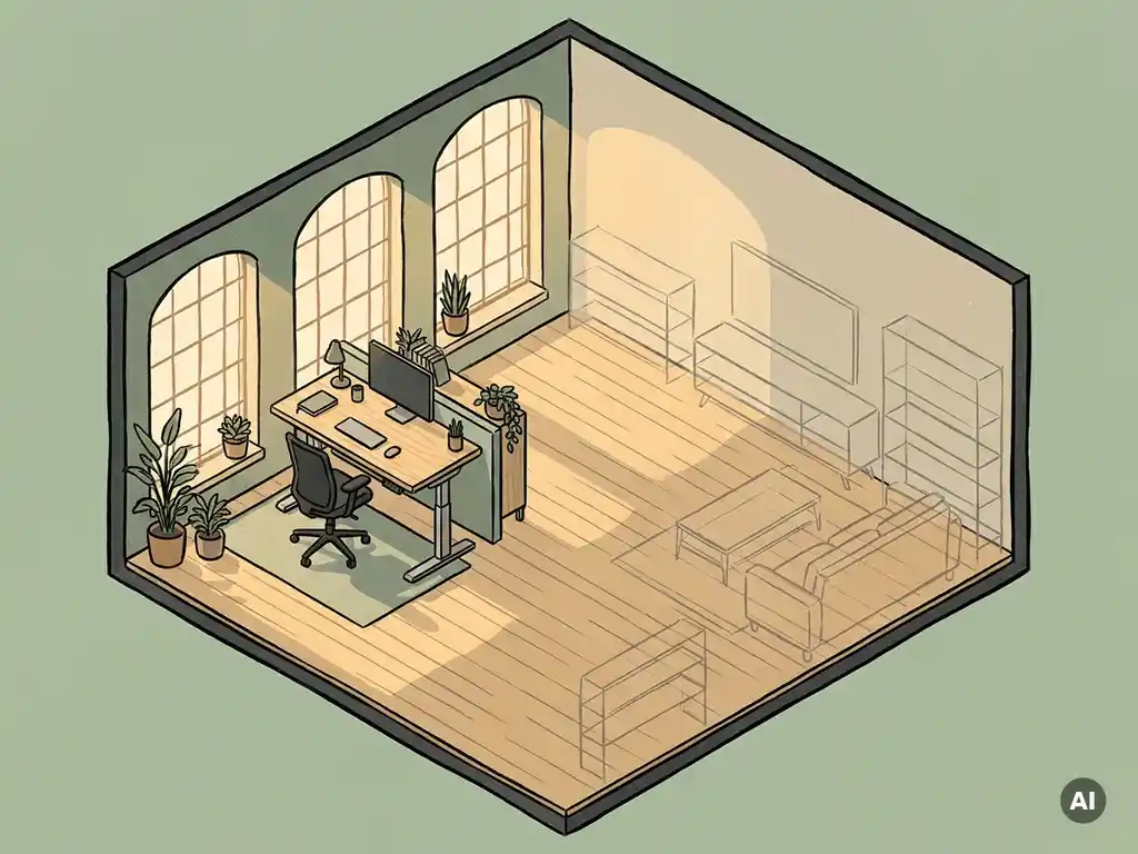 Isometrisch aanzicht van een half-ingericht Nederlands kantoor met een zit-sta bureau, ergonomische stoel en schetslijnen voor toekomstige werkplekinrichting.
