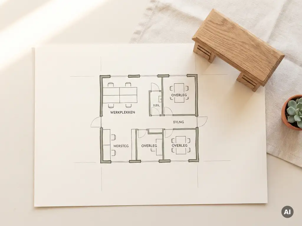 Bovenaanzicht van een minimalistisch kantoorplattegrond op crèmepapier met houten bureaumodel en klein kamerplantje in salie groen.