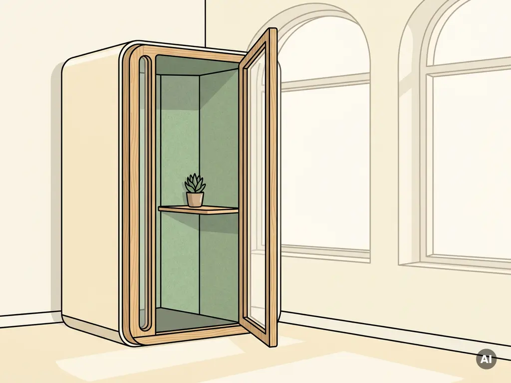 Compacte privacypod met salie groene akoestische panelen, houten accenten en een vetplantje op een smalle plank in een licht kantoor.