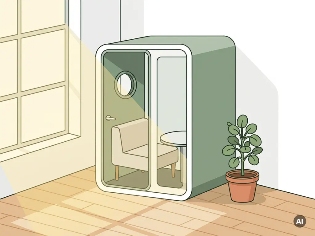 Privacypod in kantoorhoek met potplant, groot raam en lichte eikenhouten vloer in Nederlandse werkomgeving.