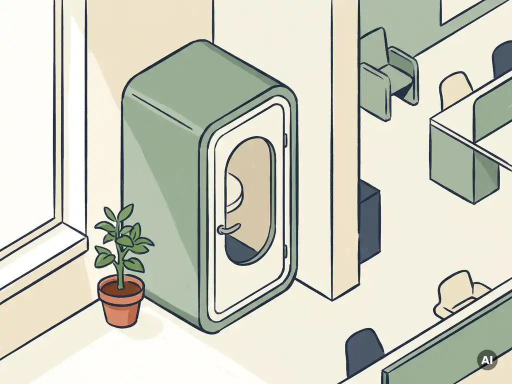 Compacte privacy pod in een moderne Nederlandse kantoorruimte, omgeven door saliegroen akoestisch paneel en een klein potplantje.