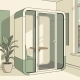 Vrijstaande telefooncel-privacypod in modern Nederlands kantoor met matglazen panelen, klein bureauoppervlak en saliegroen interieur.