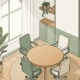 Lichte open kantoorhoek met ronde vergadertafel, ergonomische stoelen, grote kamerplant en natuurlijk daglicht via raam.