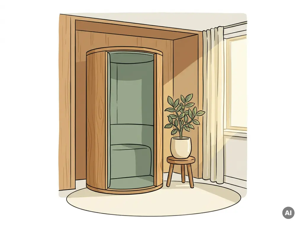 Akoestische telefooncel pod in een gezellig Nederlands kantoor met houten wanden, saliegroen interieur en een kleine kamerplant ernaast.