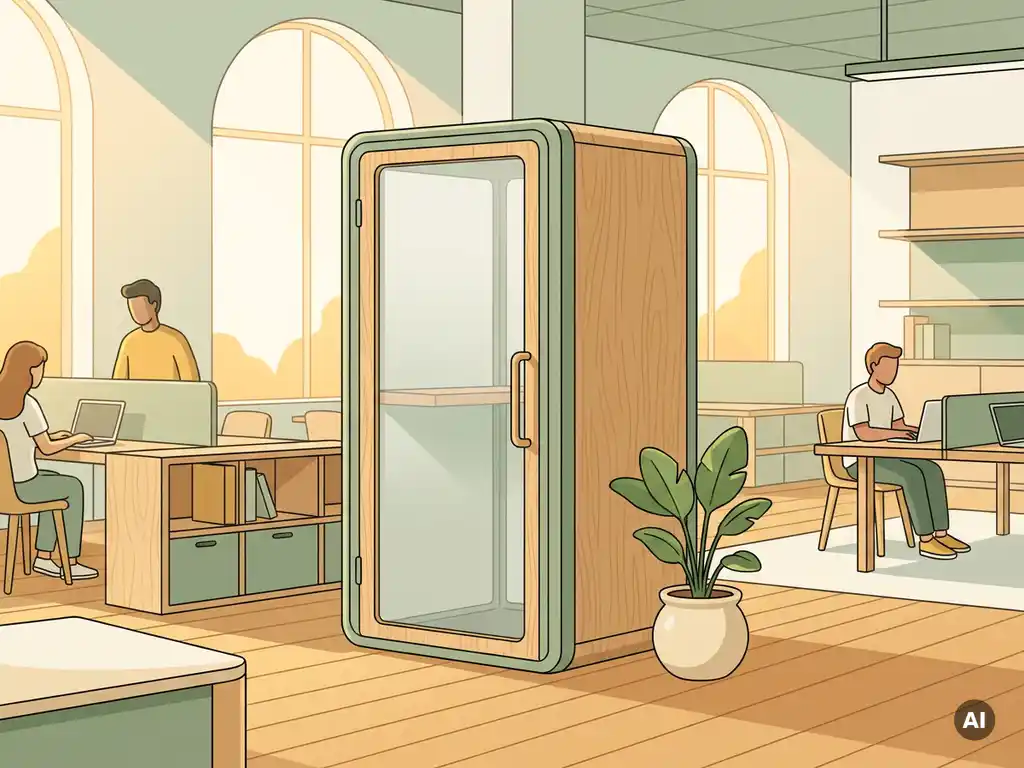 Vrijstaande kantoortelefooncabine in licht open-plan Nederlands kantoor met grote ramen, potplant en Scandinavisch meubilair in salie groen en eikenhout.