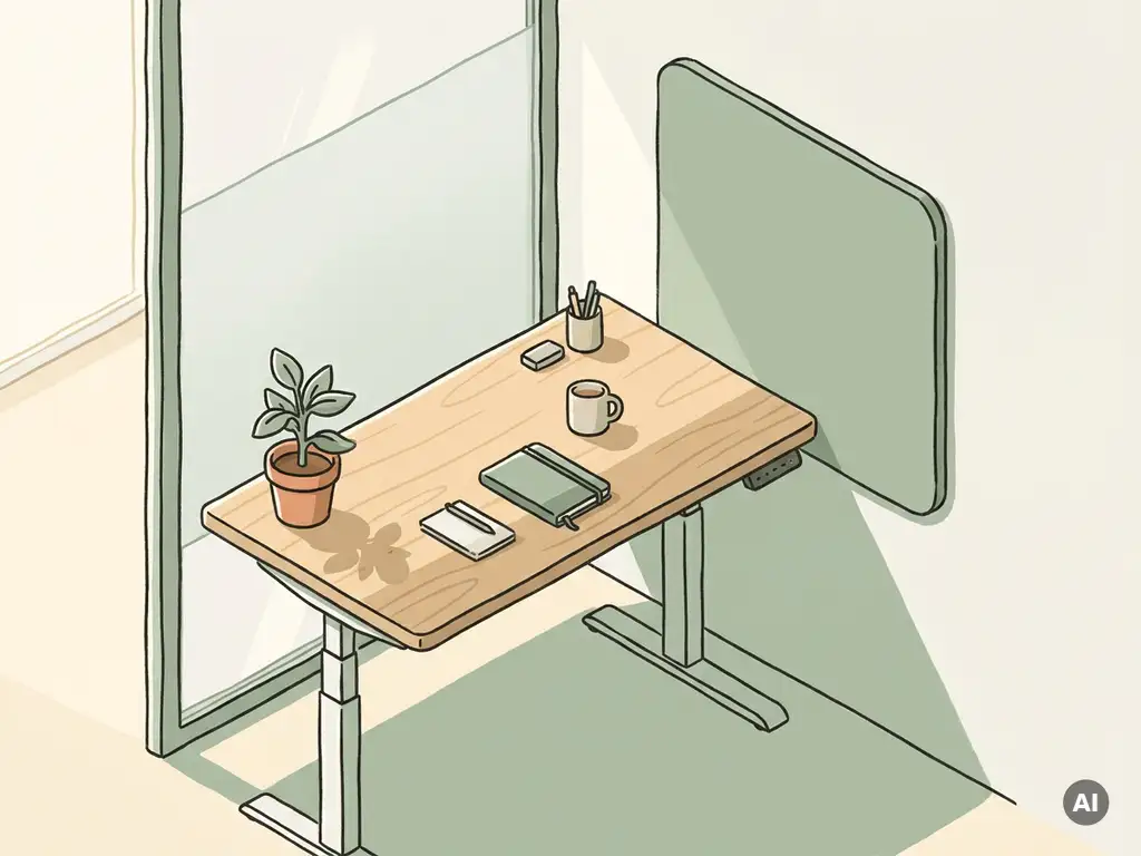 Illustratie van een Nederlandstalig kantoorhoek met een zit-sta bureau, potplant, akoestisch paneel en warm natuurlijk licht in salie- en eikenhouttinten.