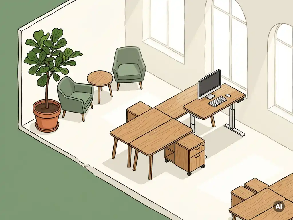 Isometrisch illustratie van een Nederlands kantoor met modulaire bureaus, zit-sta werkplek en vergaderhoek in salie groen en eikenhout.