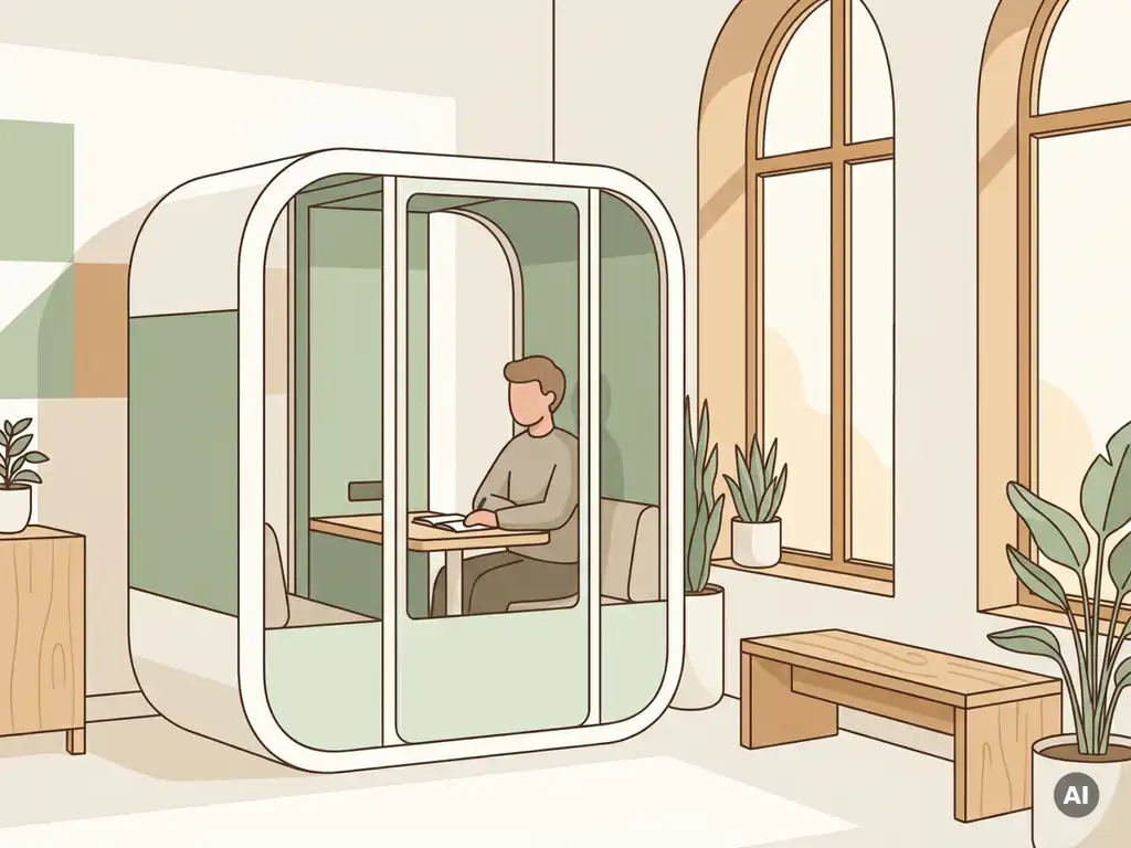Vrijstaande telefooncel pod in Nederlands kantoor met akoestische panelen, klein bureau, saliegroen en licht eiken interieur.