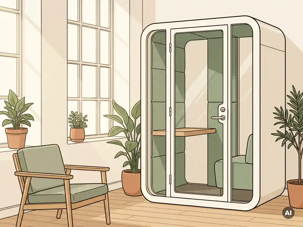 Vrijstaande telefooncel pod met salie groene akoestische panelen en houten bureau in licht Scandinavisch kantoor.