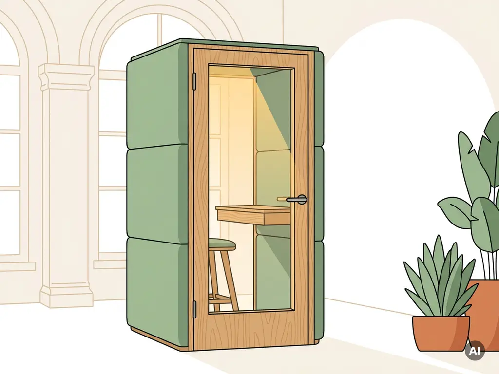Vrijstaande akoestische kantoorpod in salie groen met glazen deur, ingebouwd bureau en warme verlichting in modern Nederlands kantoor.