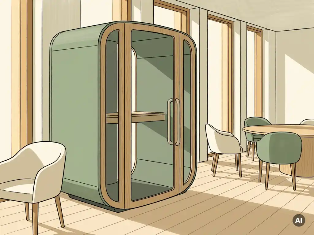 Akoestische telefooncabine in een lichte Nederlandse open kantoorruimte met houten vloer, saliegroen en warm wit interieur.