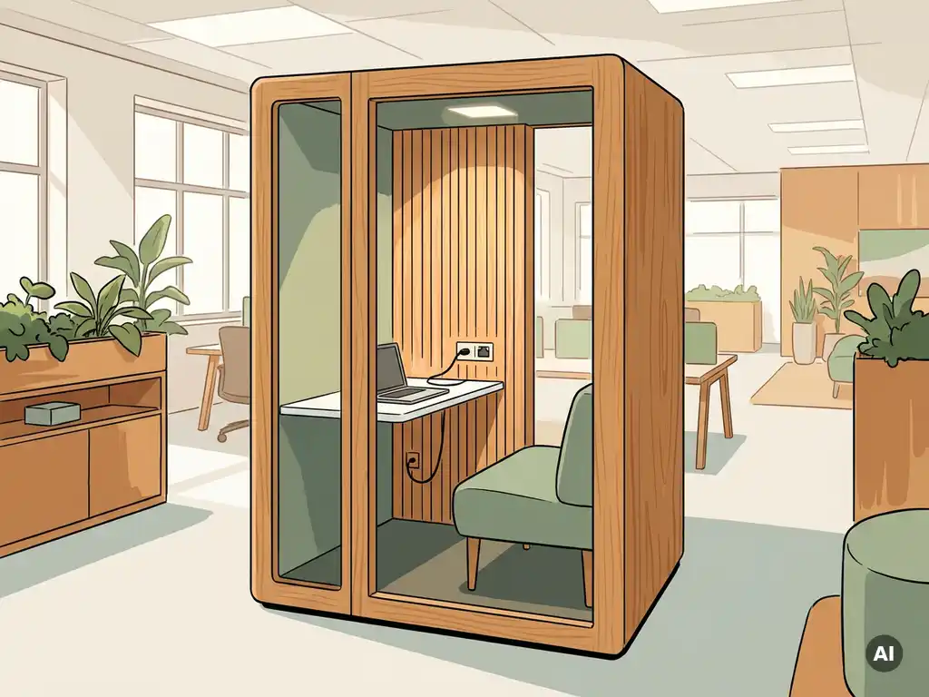 Compacte telefooncel-kantoorpod in modern Nederlands kantoor met warm eiken interieur, ethernet en stopcontact aan de wand.