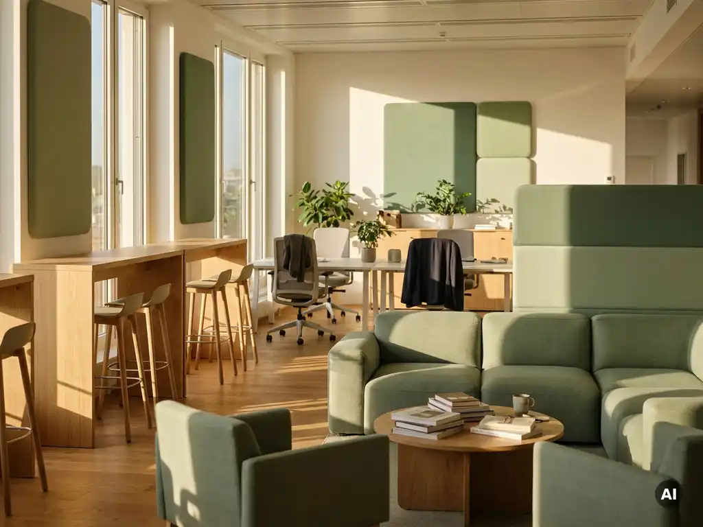 Zonnig open kantoor met modulaire loungezitting, staand werktafel, eiken oppervlakken en salie groene akoestische panelen.